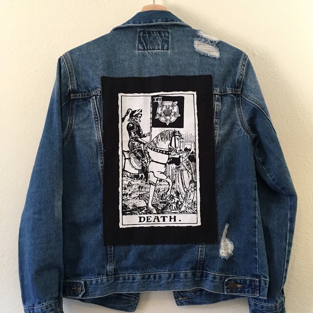 Death Tarot Distressed Denim Jacket (Size S)